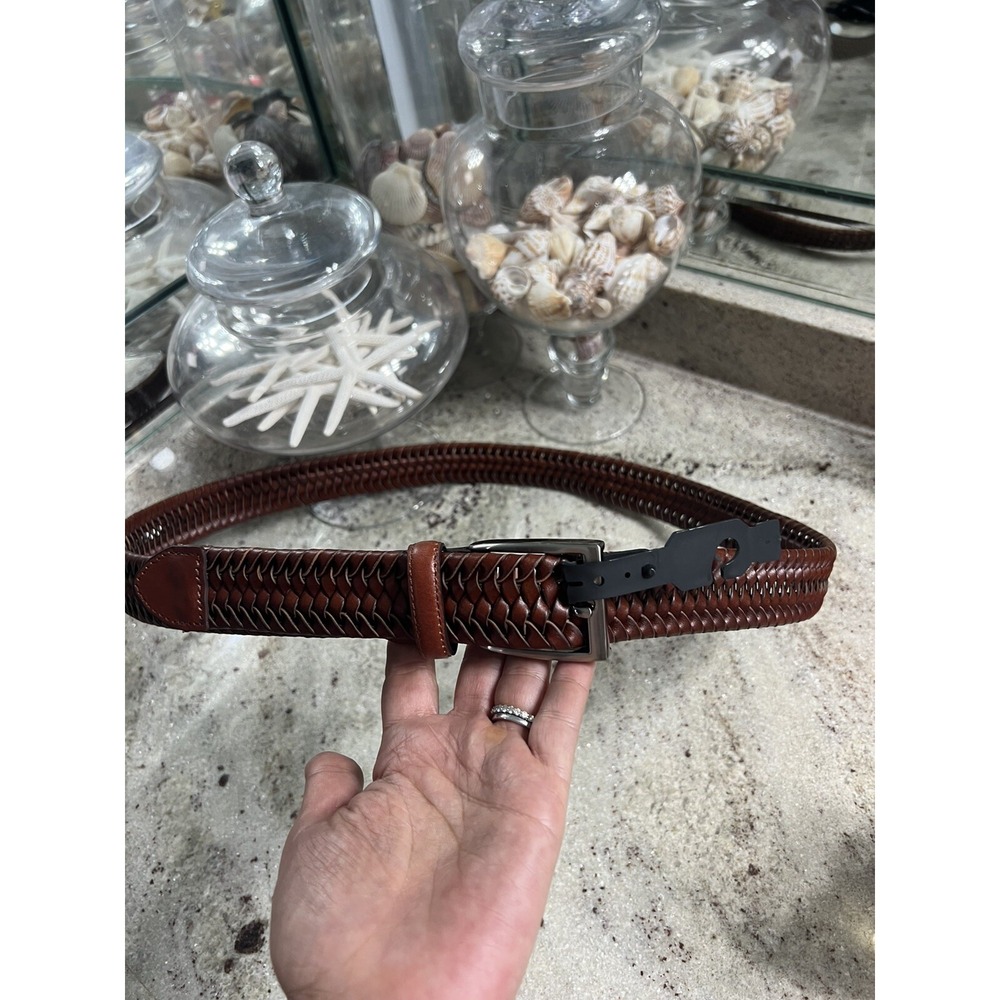 Johnston & Murphy Mens Brown Woven Leather Belt 42 Silver Buckle 75-7725